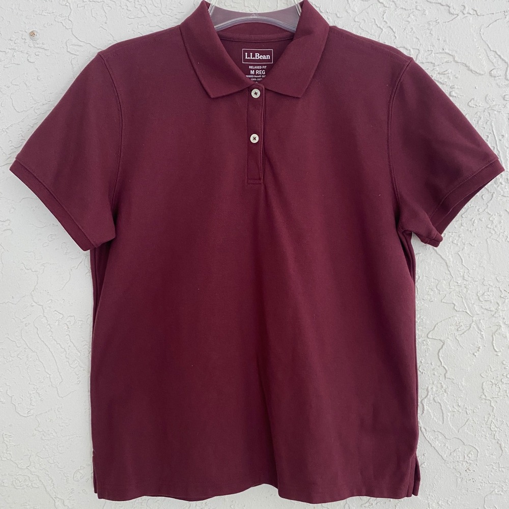 L.L.Bean Double L Relaxed Fit Polo Shirt Women Med Maroon Pique Knit Cotton NWT - Picture 2 of 8